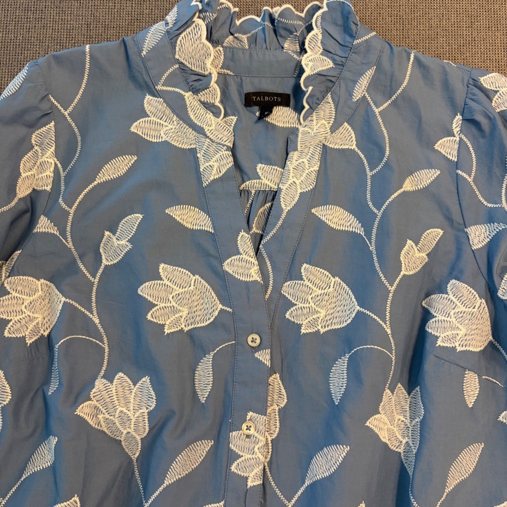 Talbots Blouse Floral Embroidered Ruffle Neck Cottagecore Boho Coastal Women M - Picture 11 of 12